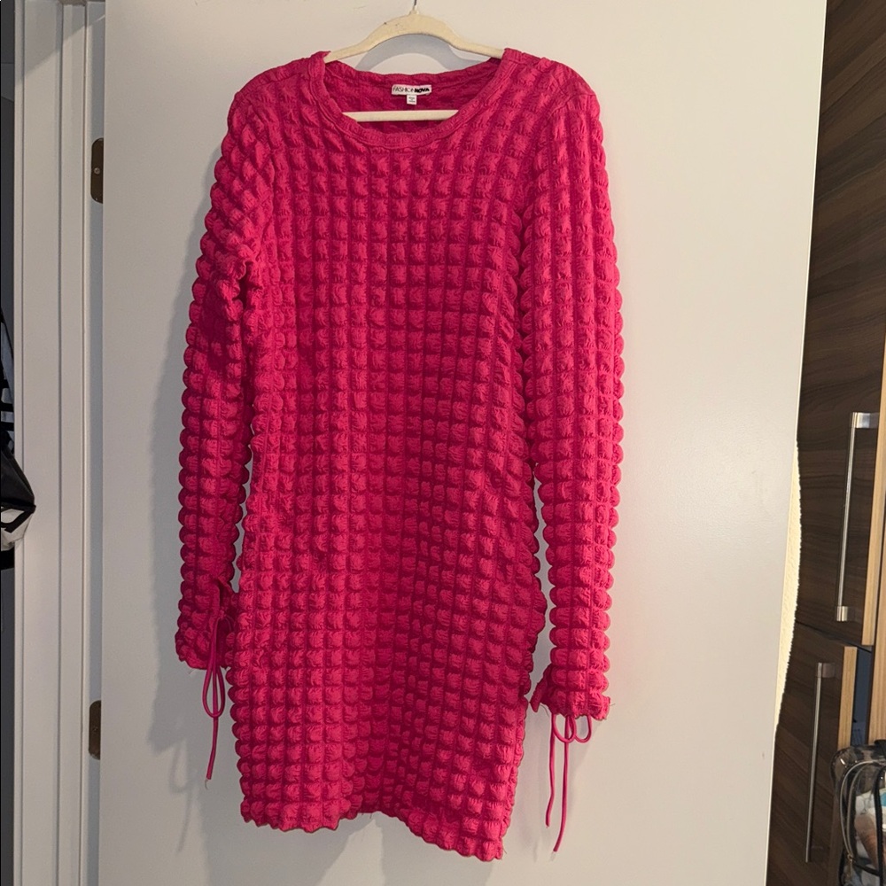 Fashion Nova Pink Textured Long Sleeve Dress